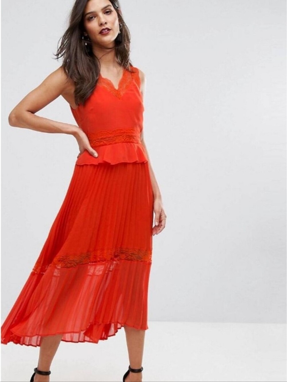 River Island red/orange pleated lace-inset high-low midi dress